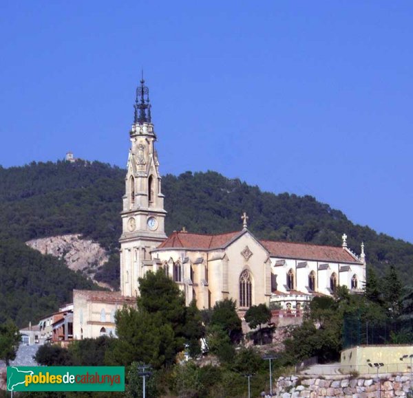 Castellar del Vallès - Església de Sant Esteve, vista des de la carretera de Terrassa, amb el Puig de la Creu al fons