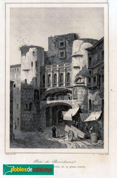 Barcelona - Portal del Bisbe (Porta Praetoria). 1820, gravat de Guillaumot de Lemaitre