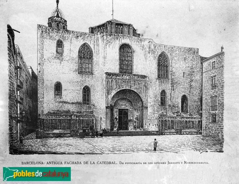 Barcelona - Antiga façana de la catedral. Reproducció d'un gravat