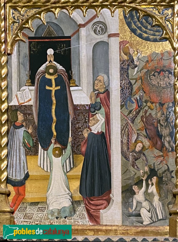 Terrassa - Retaule de Sant Miquel. Celebració d'una missa i àngels salvant les ànimes del Purgatori
