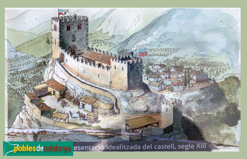 Alfara de Carles - Recreació del castell de Carles al segle XIII. Cartell in situ. Autor del dibuix: Hugo Prades