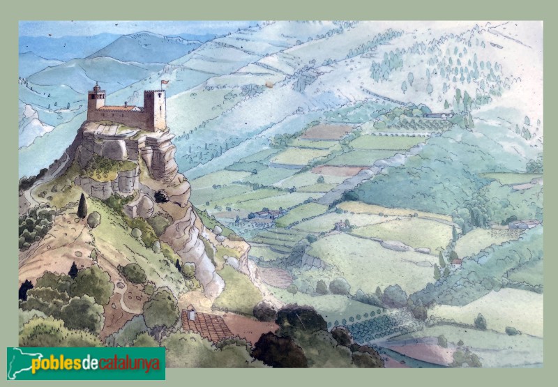 Alfara de Carles - Recreació del castell andalusí de Carles. Cartell in situ. Autor del dibuix: Hugo Prades