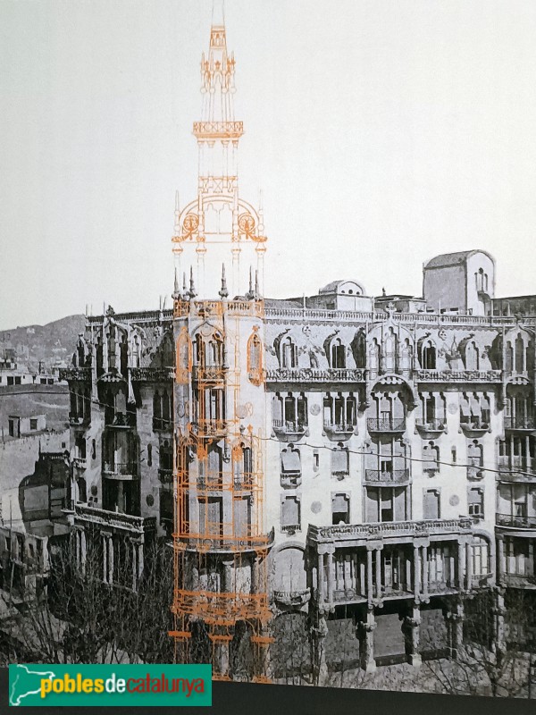 Barcelona - Casa Fuster. Fotomuntatge amb la torre projectada i no construïda