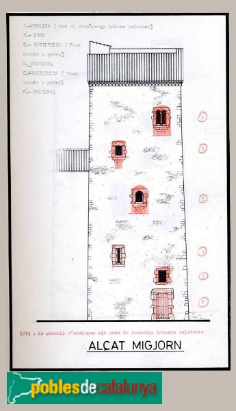 Palau-sator - Imatge de l’alçat de la cara sud de la torre del castell, extreta de l’expedient d’obres de reforma realitzades l’any 1988 per la Comissió Territorial del Patrimoni Cultural de Girona AHG. Cultura (Girona), 278/73