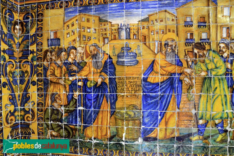 Barcelona - Casa de Convalescència. Arrambadors ceràmics. Sant Pau fent obres de caritat a Roma amb sant Bernabé