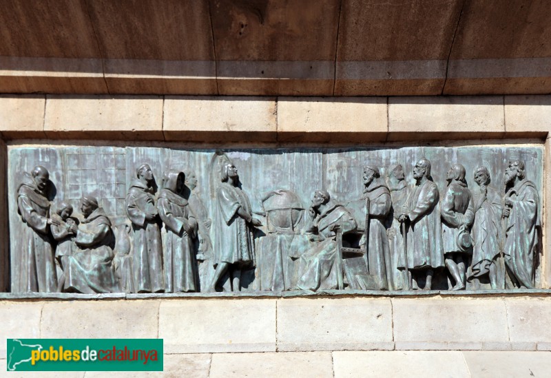 Barcelona - Monument a Colom. Colom exposant el projecte als Frares de la Rábida