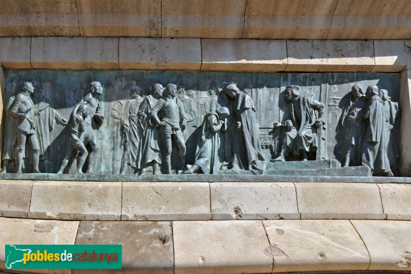 Barcelona - Monument a Colom. Colom a Barcelona, de retorn del viatge, amb els reis