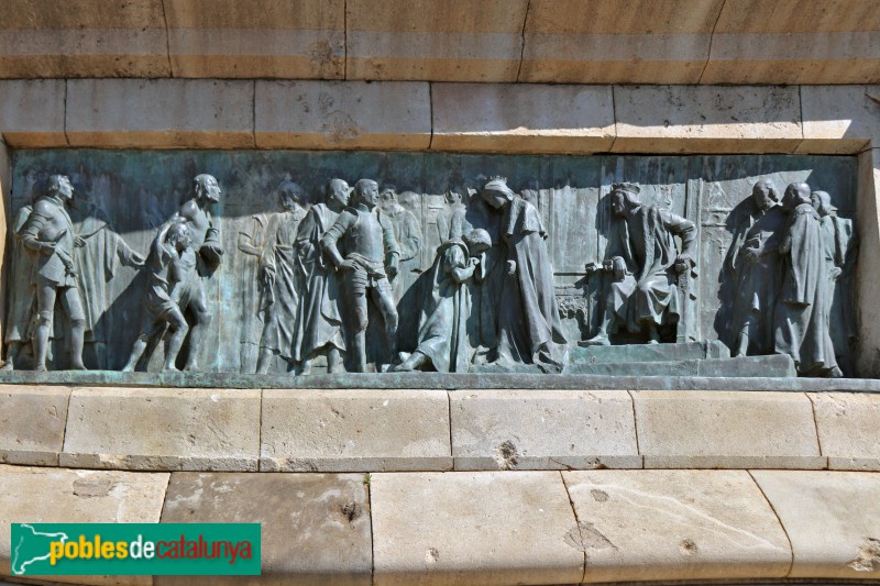 Barcelona - Monument a Colom. Colom a Barcelona, de retorn del viatge, amb els reis (Foto: Albert Esteves, 2020) Barcelona - Monument a Colom. Colom a Barcelona, de retorn del viatge, amb els reis