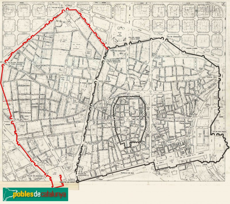 Barcelona - Muralla del segle XIV (en vermell) (Foto: Servei d'Arqueologia de Barcelona - Centre Documentació, Servei d'Arqueologia de Barcelona, ICUB) Barcelona - Muralla del segle XIV (en vermell)