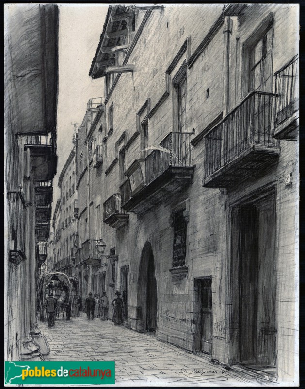 Carrer de Montcada. Gent i carros. Dibuix Dionís Baixeras 1909 AHCB