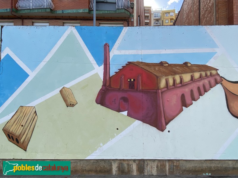 Barcelona - Mural al·lusiu a la bòbila, al carrer Coll Alentorn Barcelona - Mural al·lusiu a la bòbila, al carrer Coll Alentorn