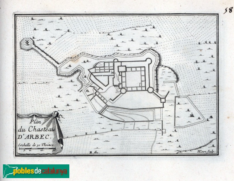 Arbeca - Castell - Herman van Loon, 1668 (full d'atles). Institut Cartogràfic i Geològic de Catalunya (ICGC)