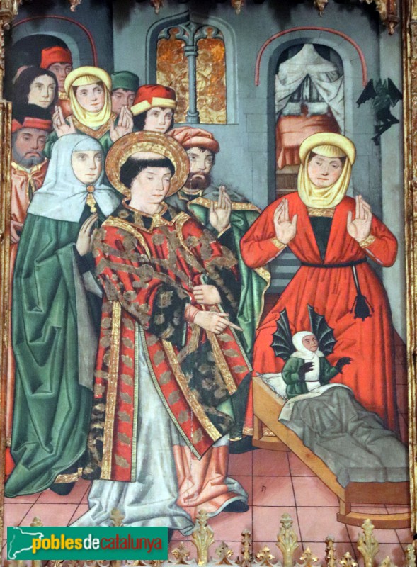 La Garriga - Retaule de Sant Esteve de la Doma. Suplantació de sant Esteve nounat pel dimoni (Foto: Albert Esteves, 2022) La Garriga - Retaule de Sant Esteve de la Doma. Suplantació de sant Esteve nounat pel dimoni