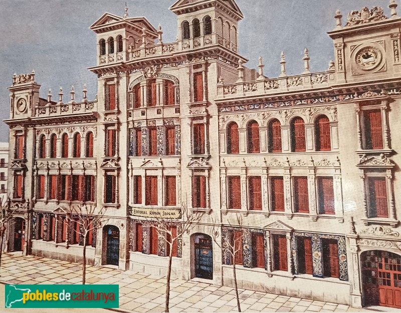 Barcelona - Mural de l'Editorial Sopena. Reproducció de l'antic edifici (Foto: Anna Corcoll, 2022) Barcelona - Mural de l'Editorial Sopena. Reproducció de l'antic edifici