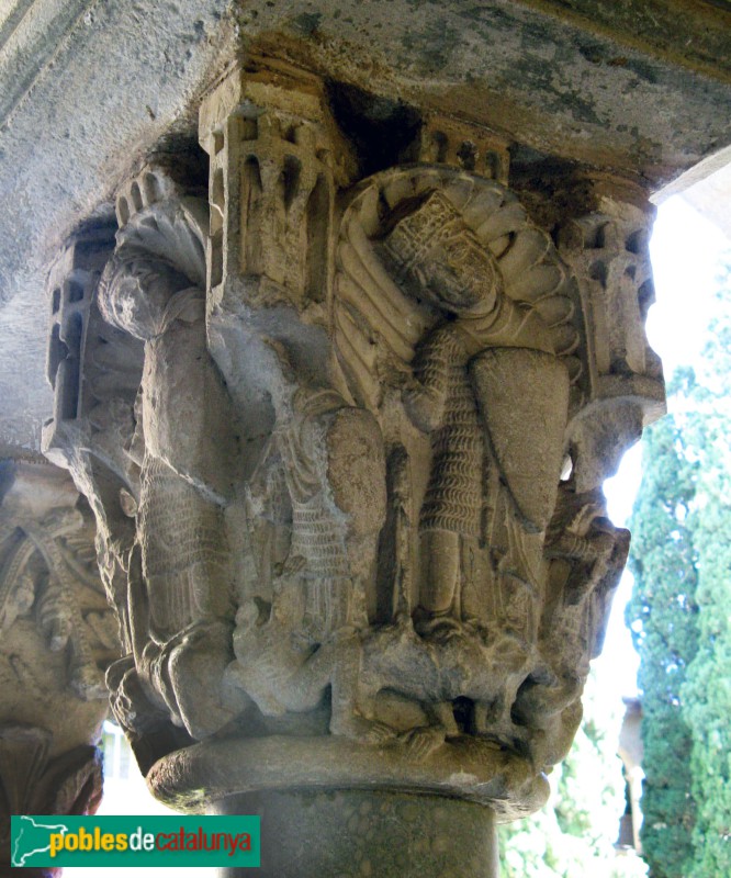 Monestir de Sant Cugat - Capitell del claustre. Triomf de les virtuts sobre els vicis (ala sud) (Foto: Albert Esteves, 2010) Monestir de Sant Cugat - Capitell del claustre. Triomf de les virtuts sobre els vicis (ala sud)