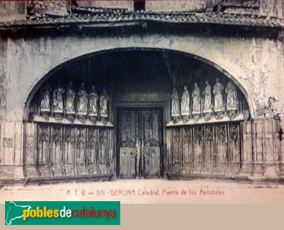 Girona - Catedral. Porta dels Apòstols. Postal antiga