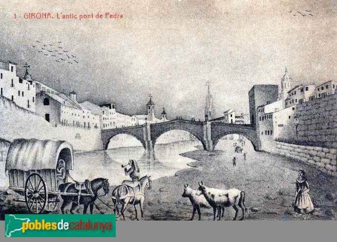 Girona - Pont medieval derruït. Gravat antic Girona - Pont medieval derruït. Gravat antic