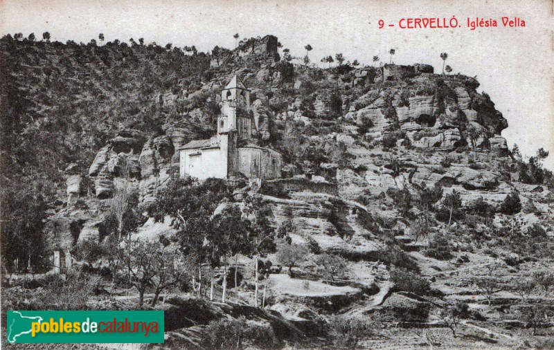 Cervelló - L'església vella i el castell al capdamunt. Postal antiga Cervelló - L'església vella i el castell al capdamunt. Postal antiga