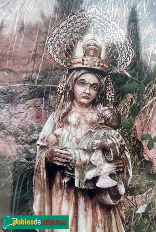 Prades - Imatge de la Mare de Déu de l'Abellera. Postal de la marededeu coronada (cartell in situ)