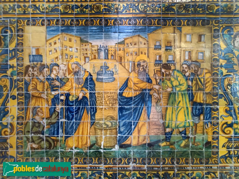 Barcelona - Casa de Convalescència. Arrambadors ceràmics. Sant Pau fent obres de caritat a Roma amb sant Bernabé
