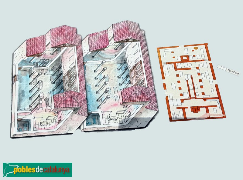 Seròs - Basílica paleocristiana de Bovalar. Dibuix de Francesc Riart (cartell in situ)