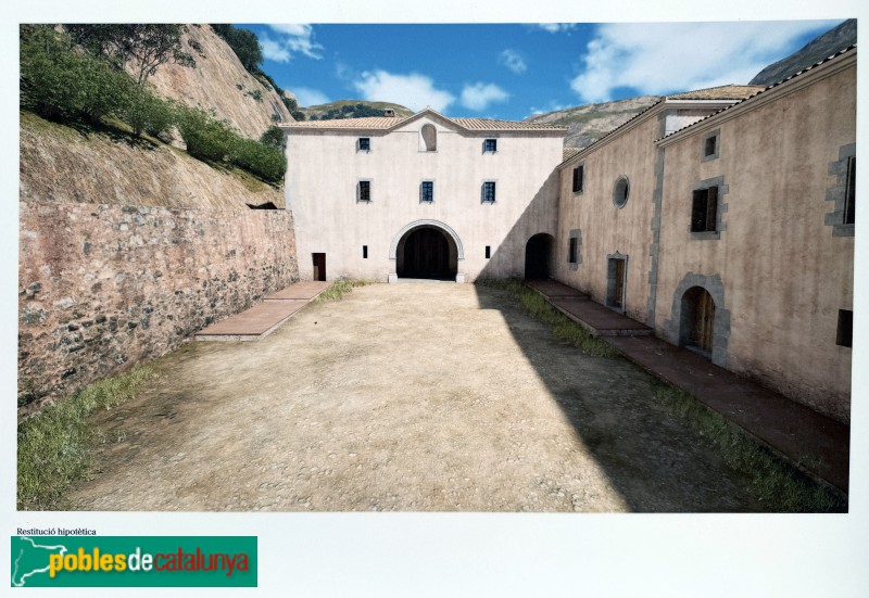 Cartoixa d'Escaladei - Reconstrucció hipotètica. Cartell in situ (Foto: Albert Esteves, 2026) Cartoixa d'Escaladei - Reconstrucció hipotètica. Cartell in situ