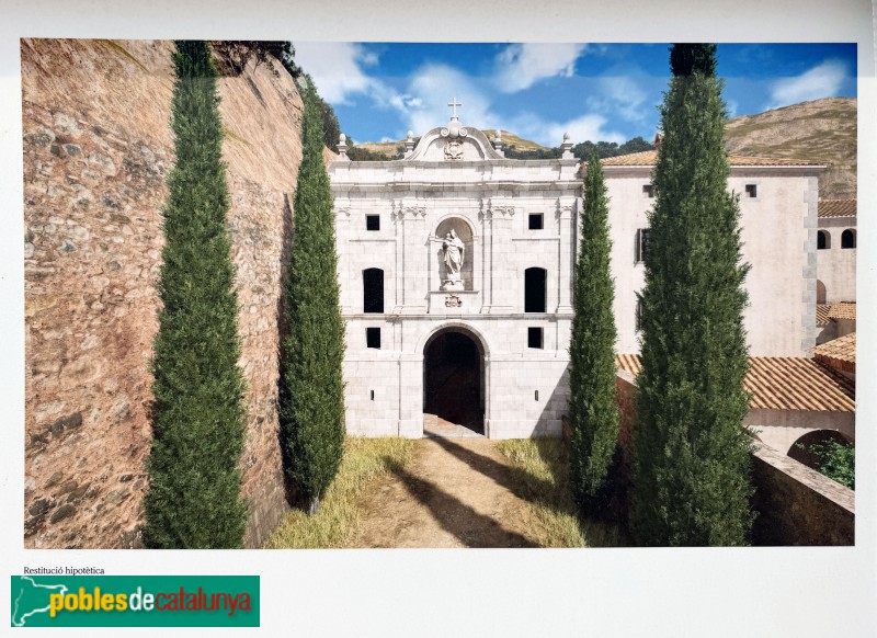 Cartoixa d'Escaladei - Façana de la Mare de Déu. Recreació hipotètica, <i>cartell in situ</i>