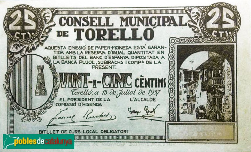 Torelló - Bitllet emès l'any 1937 amb la Casa Teixidó